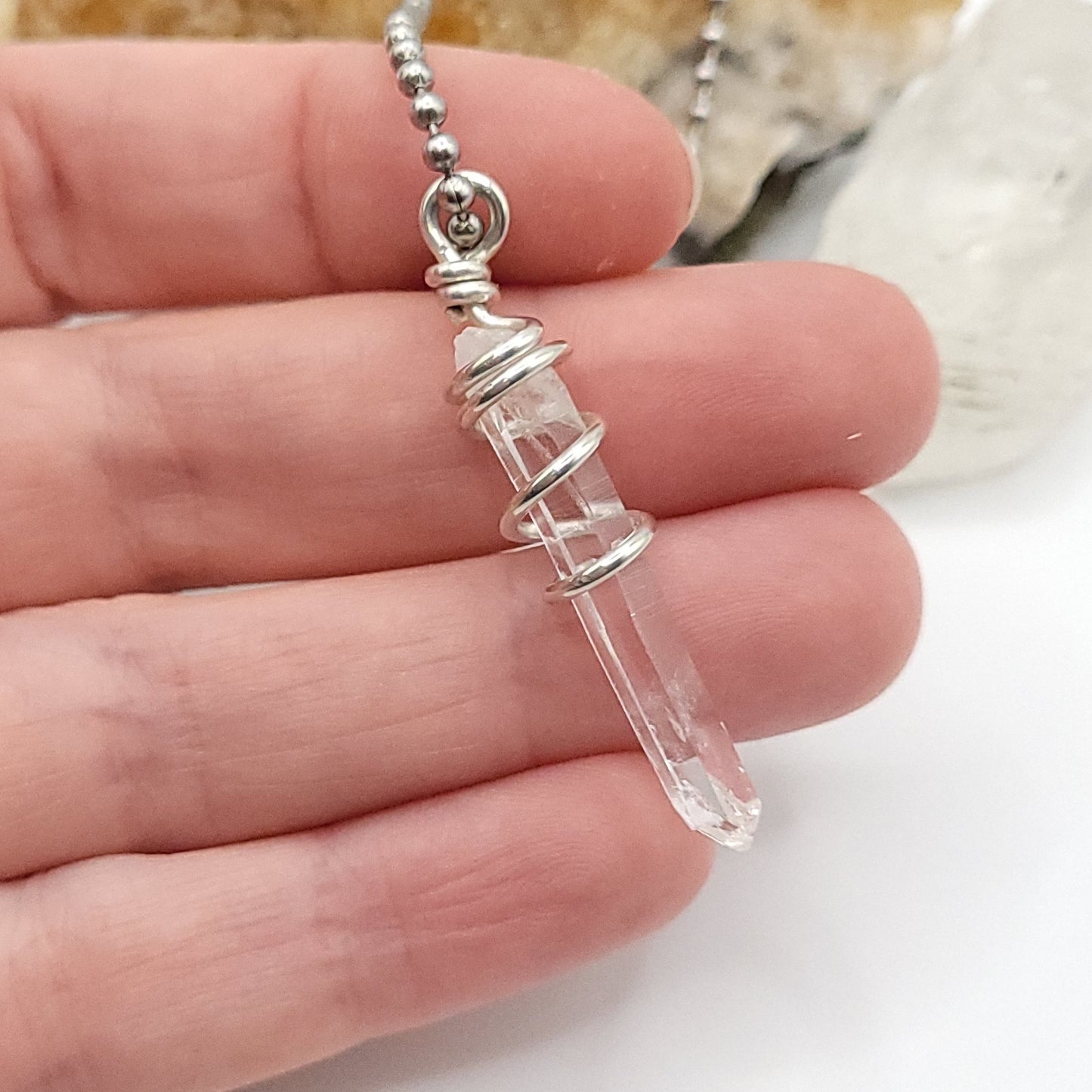 colombian lemurian quartz necklace in sterling silver in hand