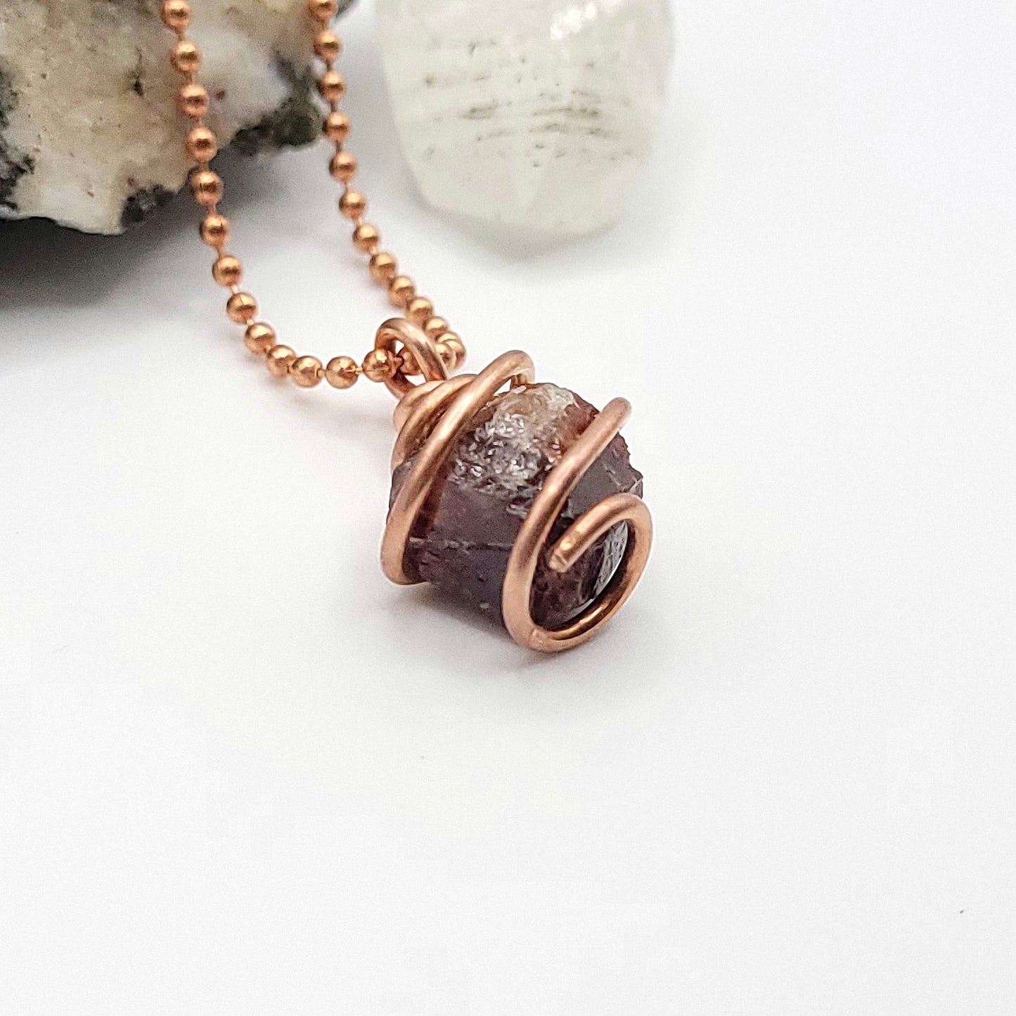 Raw zircon necklace in copper, featuring genuine raw zircon wrapped in copper wire, perfect for clarity and inner strength.