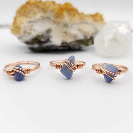 Blue Kyanite Ring, Copper Wire Wrapped Ring