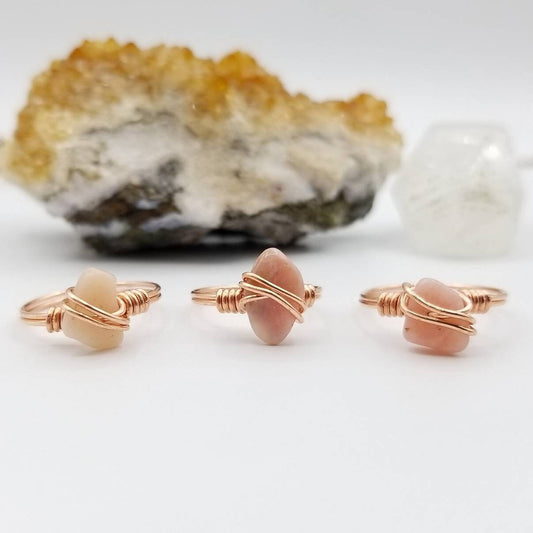Pink Opal Ring, Copper Wire Wrapped Ring, October Birthstone, October Birthday Gift