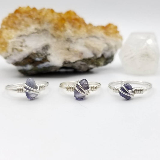 Iolite Ring, Silver Wire Wrapped Ring, Iolite Crystal Jewelry, Crystal Ring