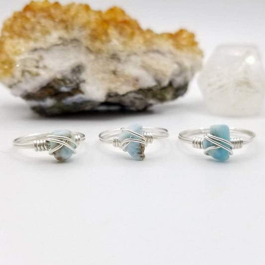 Larimar Ring, Silver Wire Wrapped Ring