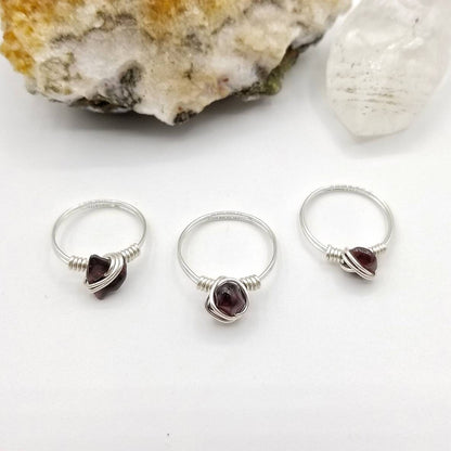 Garnet Ring, Silver Wire Wrapped Ring, January Birthstone Ring