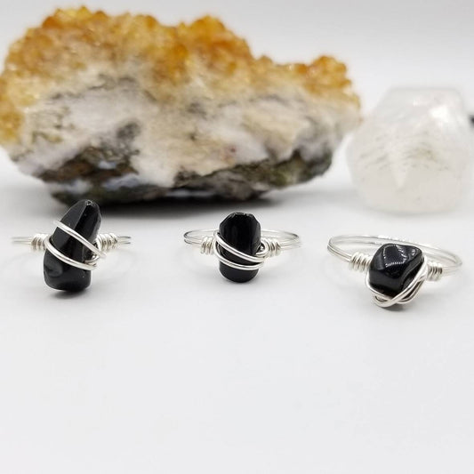 Onyx Ring, Silver Wire Wrapped Ring
