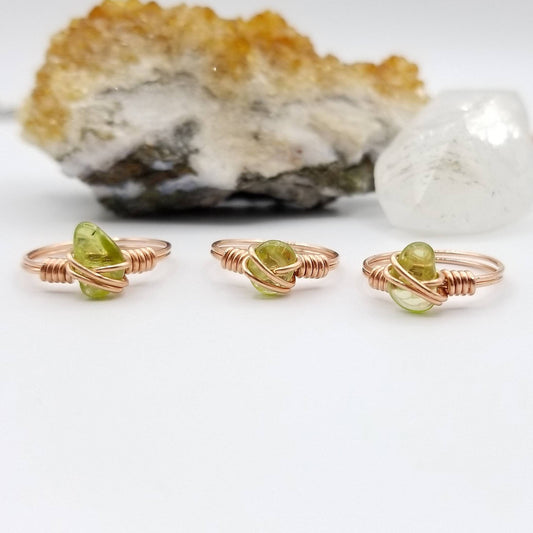 Peridot Ring, Copper Wire Wrapped Ring