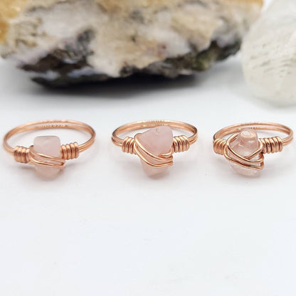 Rose Quartz Ring, Copper Wire Wrapped Ring