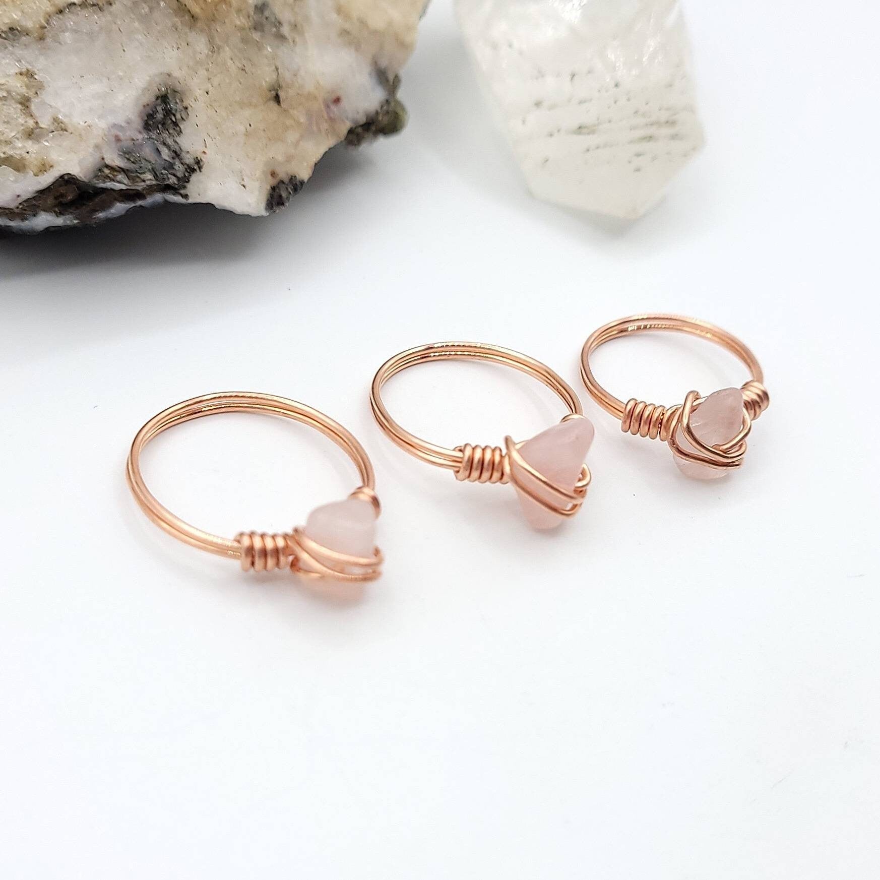 Rose Quartz Ring, Copper Wire Wrapped Ring