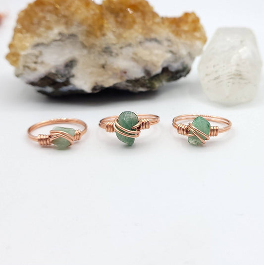 Green Aventurine Ring, Copper Wire Wrapped Ring