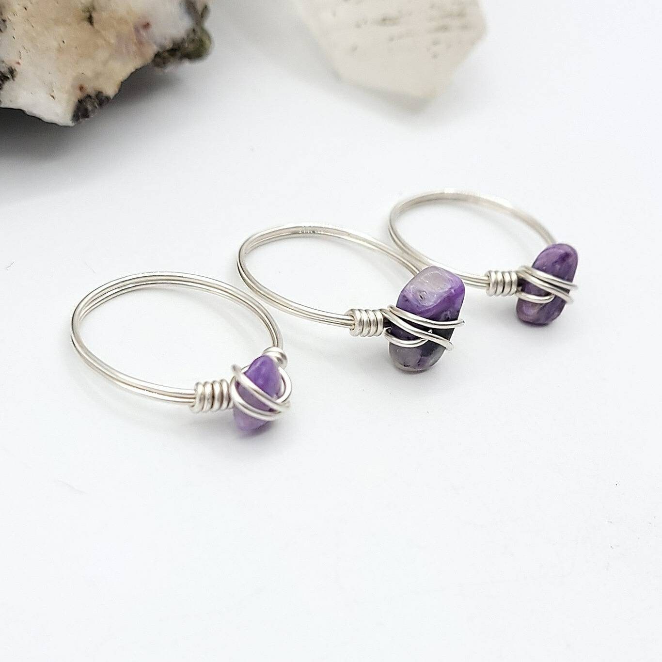 Charoite Ring, Silver Wire Wrapped Ring