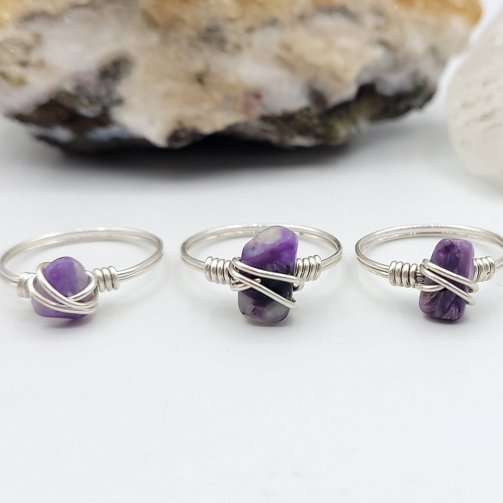 Charoite Ring, Silver Wire Wrapped Ring