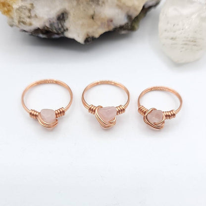 Rose Quartz Ring, Copper Wire Wrapped Ring