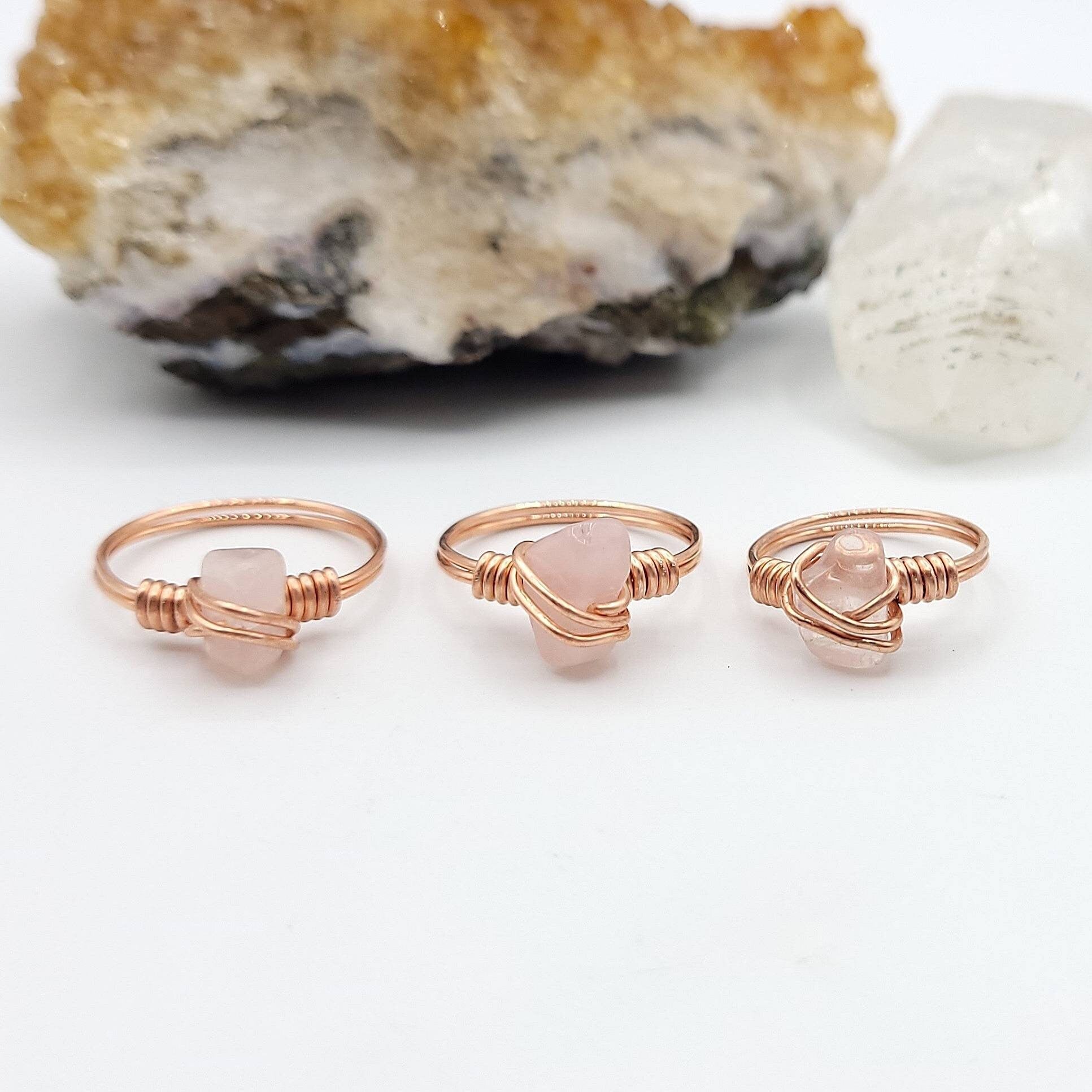 Rose Quartz Ring, Copper Wire Wrapped Ring