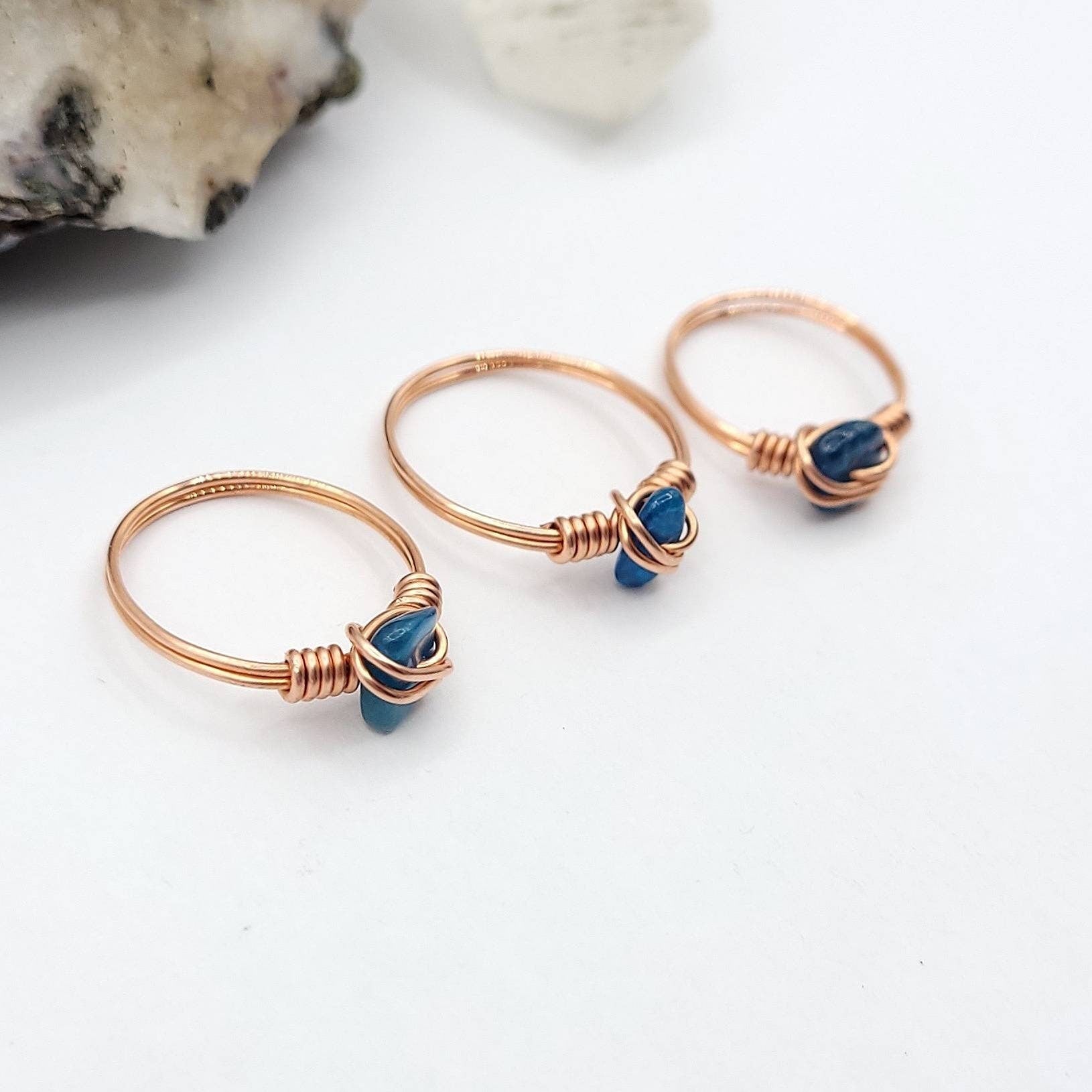 Blue Apatite Ring, Copper Wire Wrapped Ring