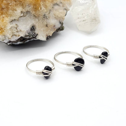 Black Tourmaline Ring, Silver Wire Wrapped Ring