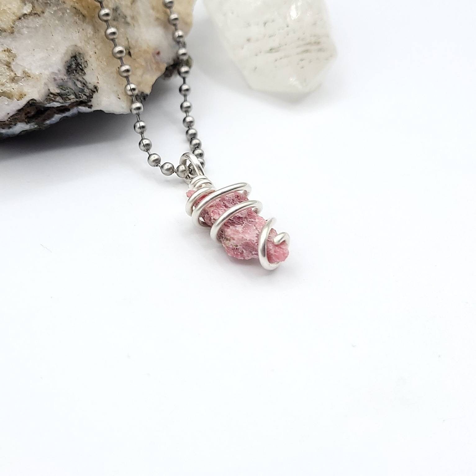 Raw Rhodonite Necklace, Silver Wire Wrapped Rhodonite Pendant