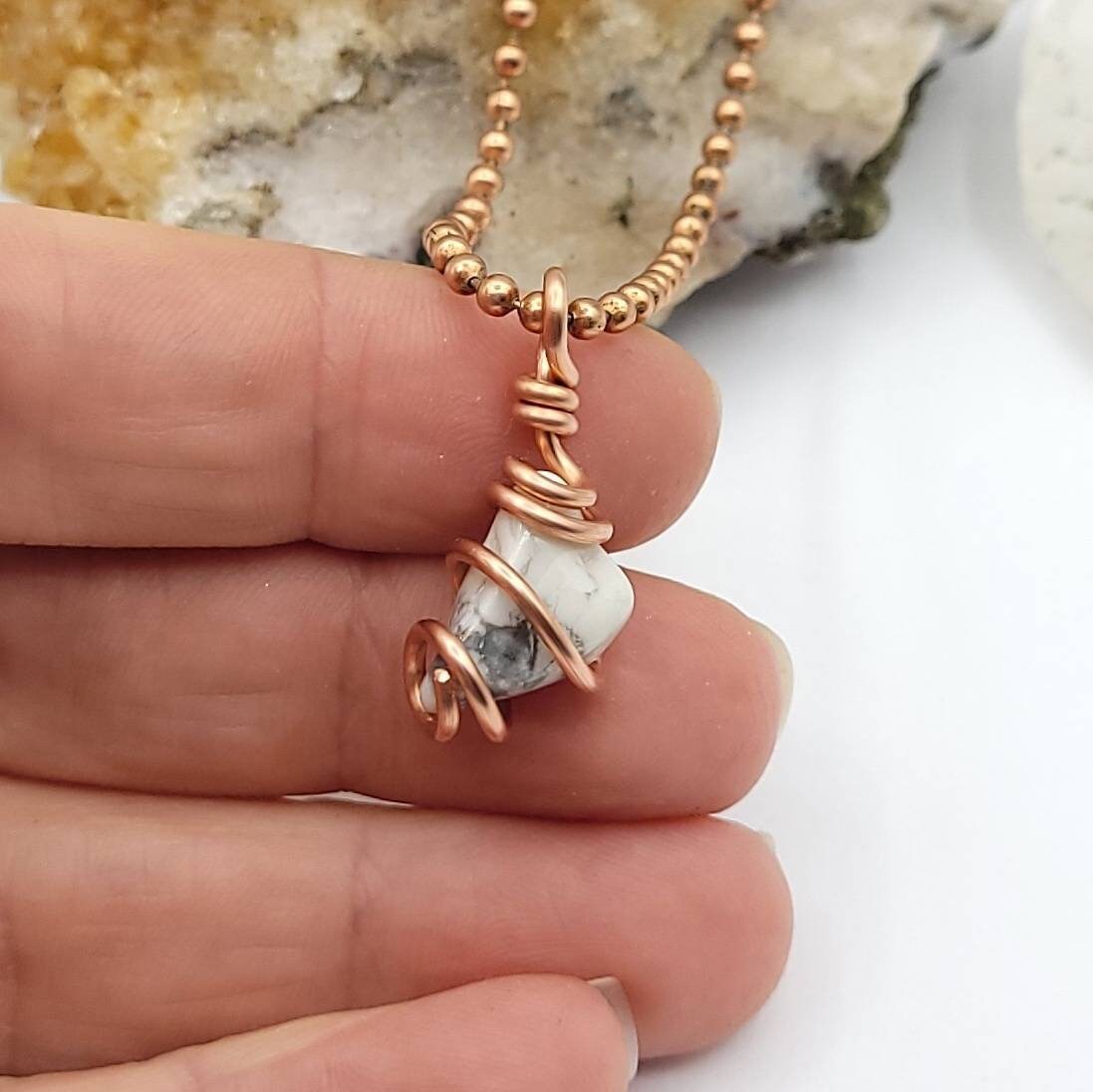Howlite Necklace, Copper Wire Wrapped Howlite Pendant, Howlite Crystal