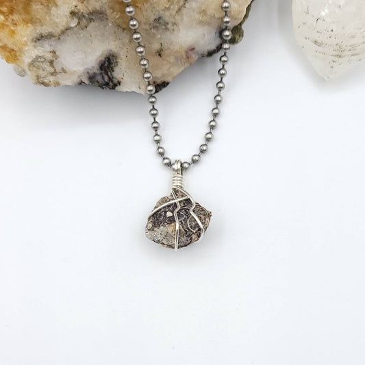 Turritella Agate Necklace, Silver Wire Wrapped Turritella Pendant | Promotes Strength, Protection, Energizing and Cleansing
