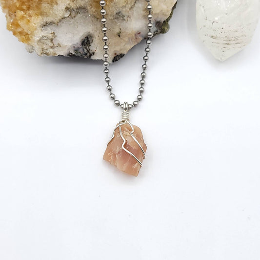 Peach Moonstone Necklace, Silver Wire Wrapped Moonstone Pendant