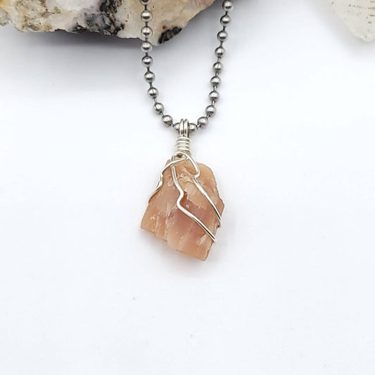 Peach Moonstone Necklace, Silver Wire Wrapped Moonstone Pendant