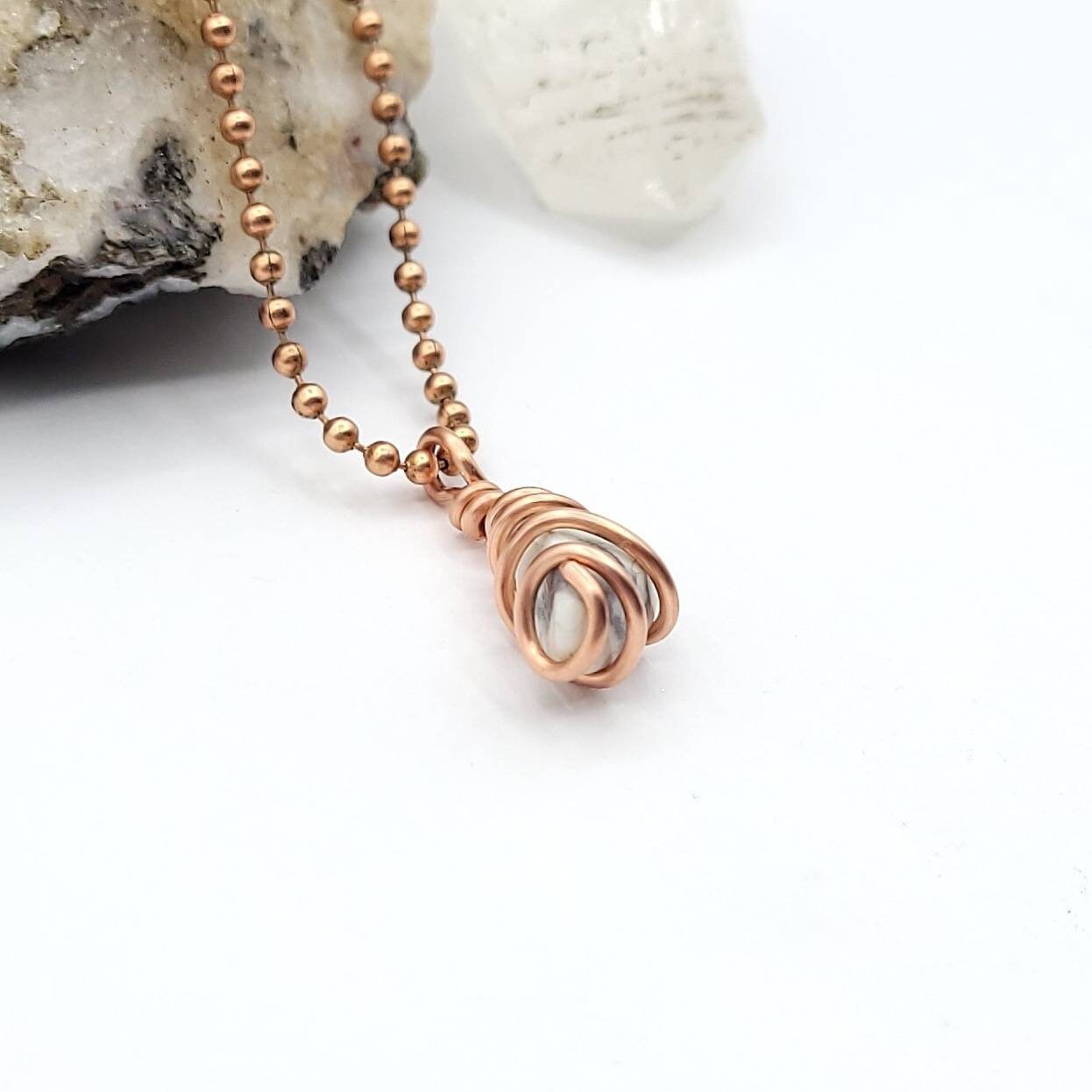 Howlite Necklace, Copper Wire Wrapped Howlite Pendant, Howlite Crystal