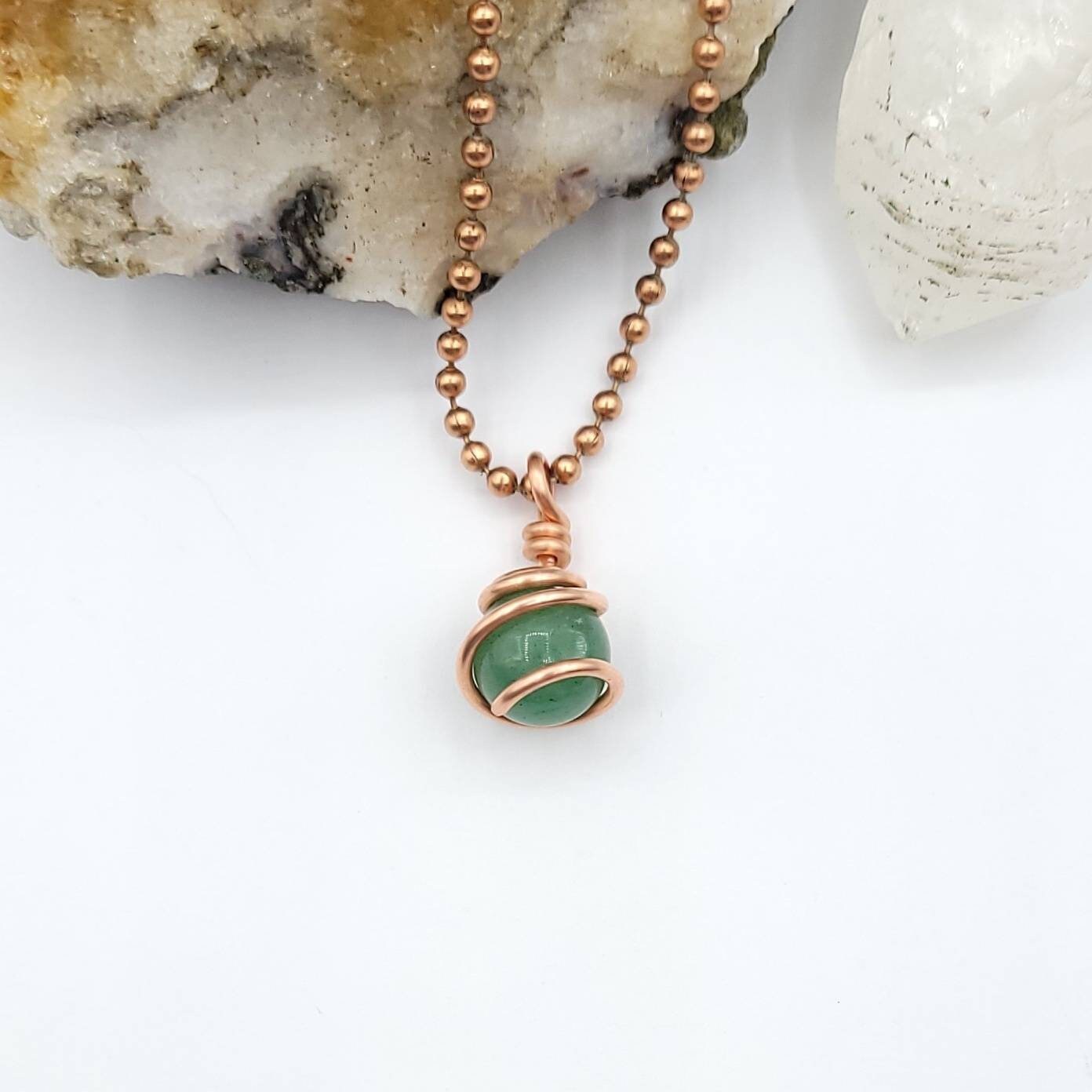 Green Aventurine Sphere Necklace, Copper Wire Wrapped Green Aventurine Pendant
