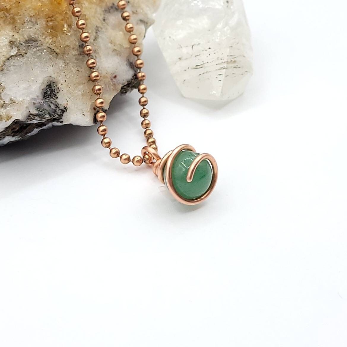 Green Aventurine Sphere Necklace, Copper Wire Wrapped Green Aventurine Pendant