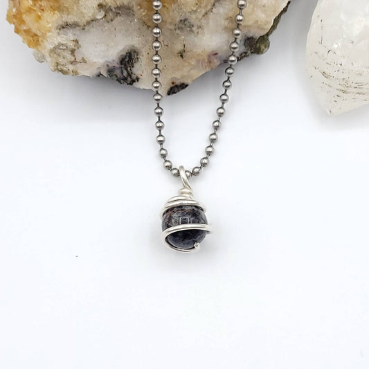 Tourmalated Quartz Sphere Necklace, Silver Wire Wrapped Tourmalated Quartz Pendant