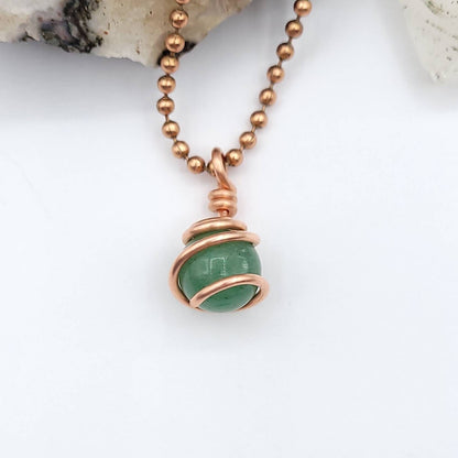 Green Aventurine Sphere Necklace, Copper Wire Wrapped Green Aventurine Pendant