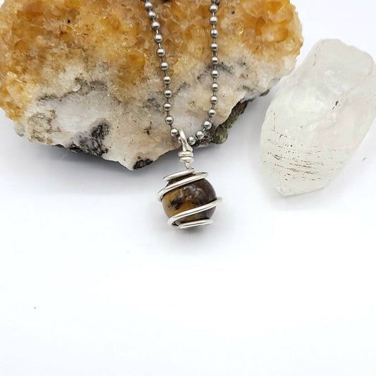 Tiger's Eye Sphere Necklace, Silver Wire Wrapped Tiger's Eye Pendant, Raw Tiger's Eye Jewelry