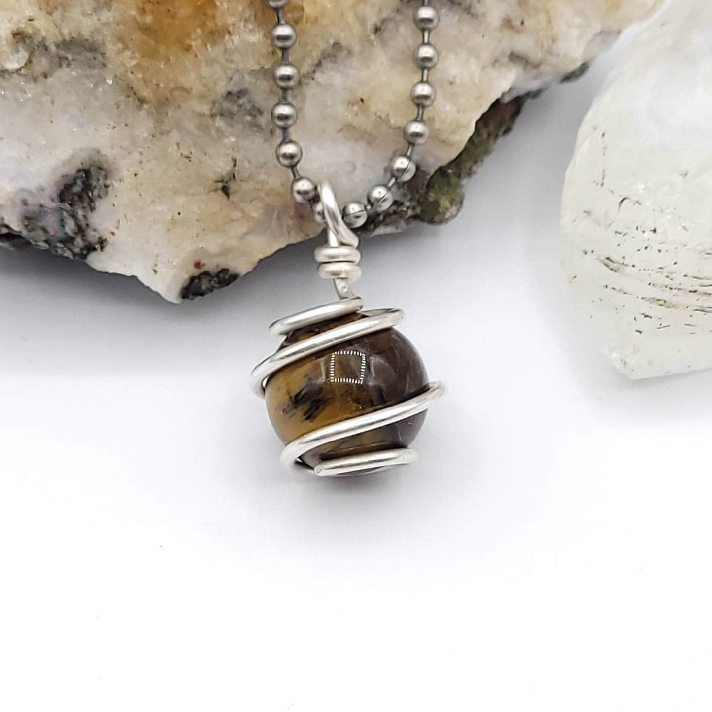 Tiger's Eye Sphere Necklace, Silver Wire Wrapped Tiger's Eye Pendant, Raw Tiger's Eye Jewelry