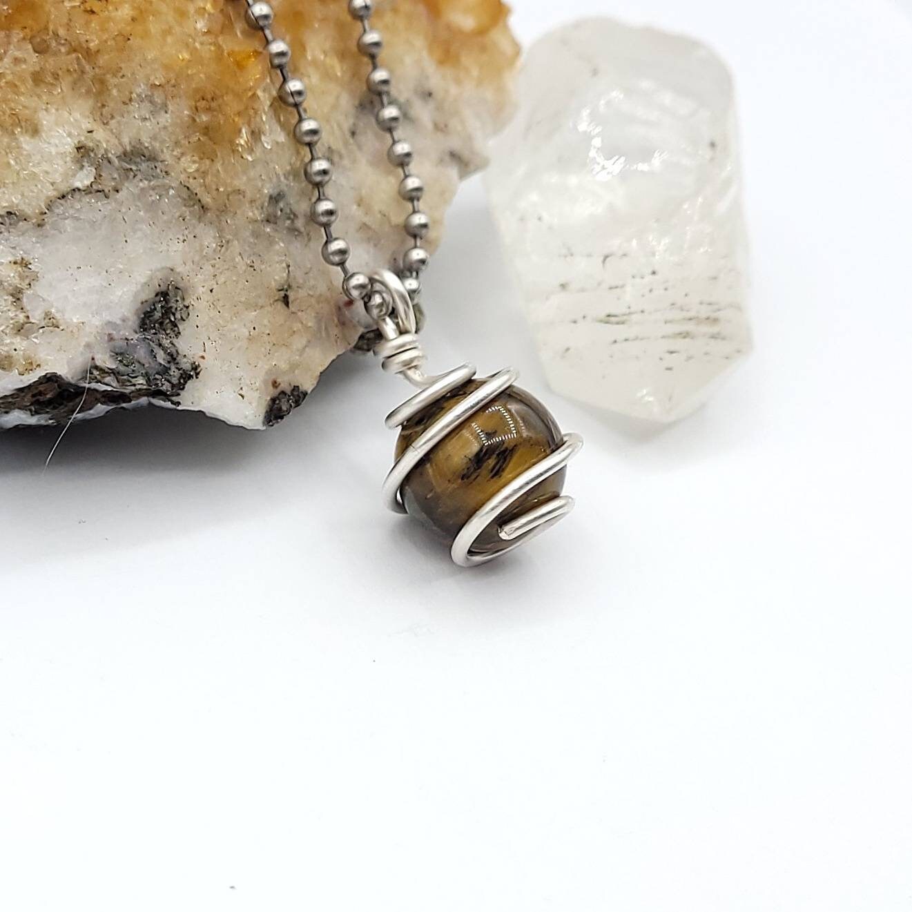 Tiger's Eye Sphere Necklace, Silver Wire Wrapped Tiger's Eye Pendant, Raw Tiger's Eye Jewelry