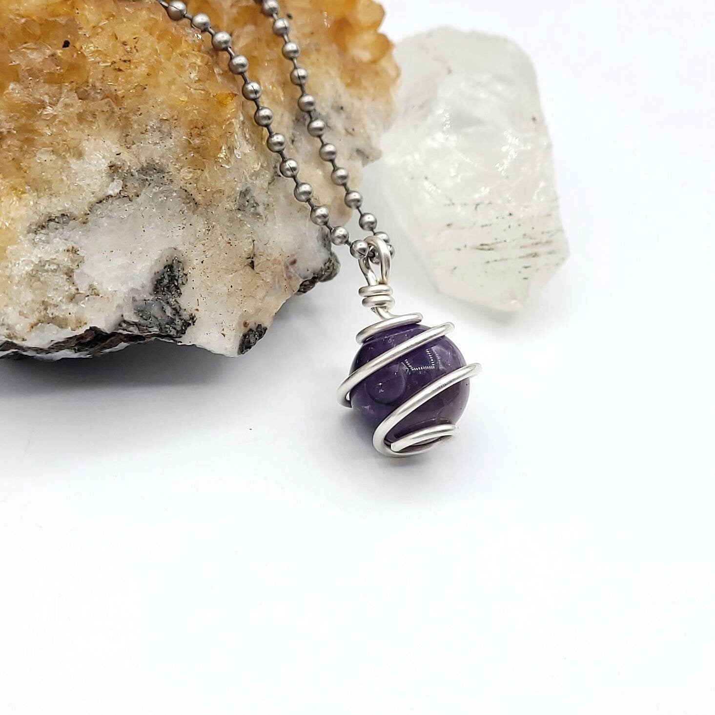 Amethyst Sphere Necklace, Silver Wire Wrapped Amethyst Pendant