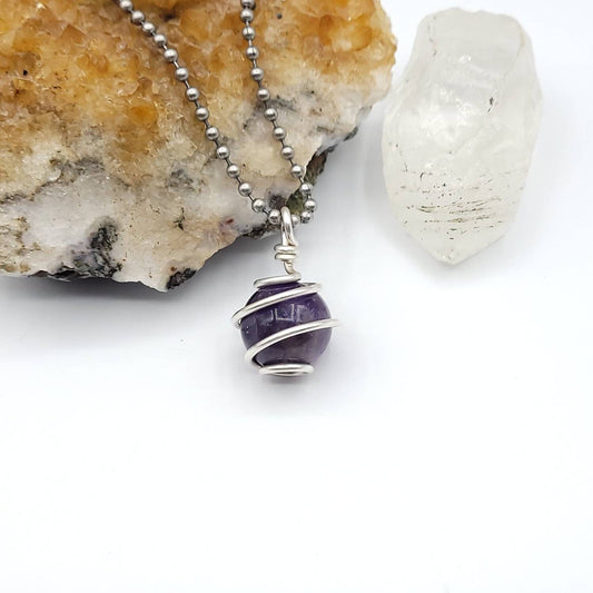 Amethyst Sphere Necklace, Silver Wire Wrapped Amethyst Pendant