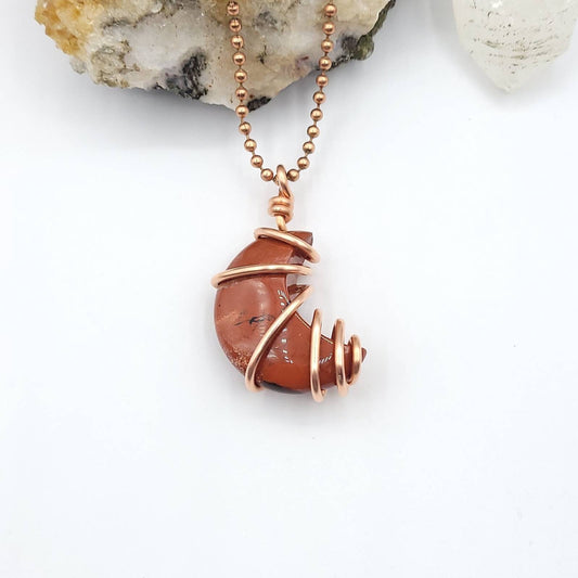 Red Jasper Moon Necklace, Copper Wire Wrapped Red Jasper Pendant | Promotes Stability and Balance