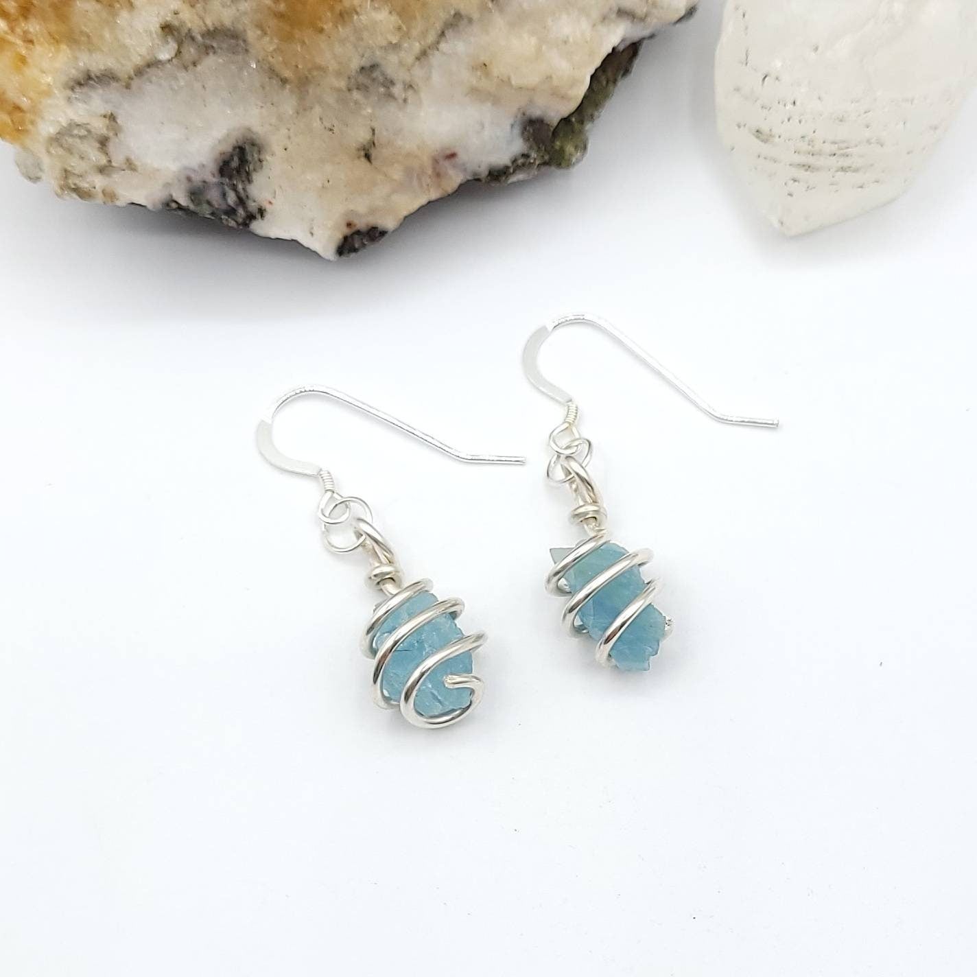 Aquamarine Dangle Earrings, Sterling Silver Dangle Earrings, Crystal Dangles, Raw Aquamarine Earrings, Raw Crystal Earrings