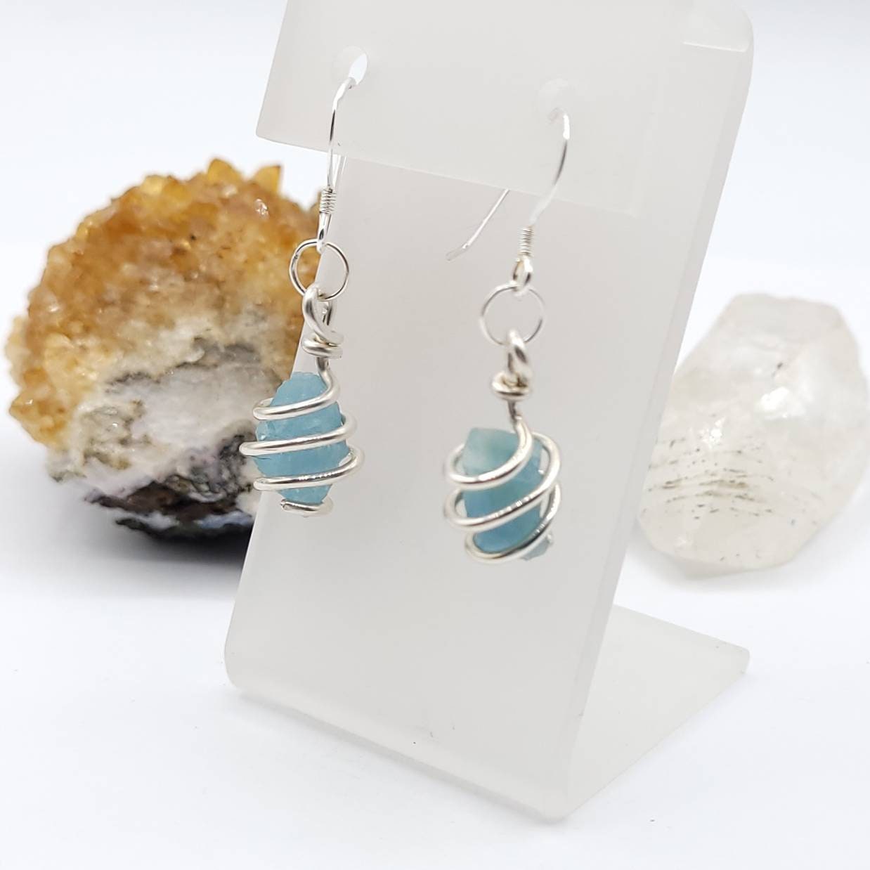 Aquamarine Dangle Earrings, Sterling Silver Dangle Earrings, Crystal Dangles, Raw Aquamarine Earrings, Raw Crystal Earrings