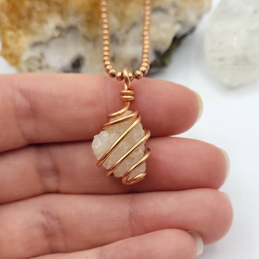 Drusy Quartz Necklace, Copper Wire Wrapped Arkansas Quartz Drusy Pendant