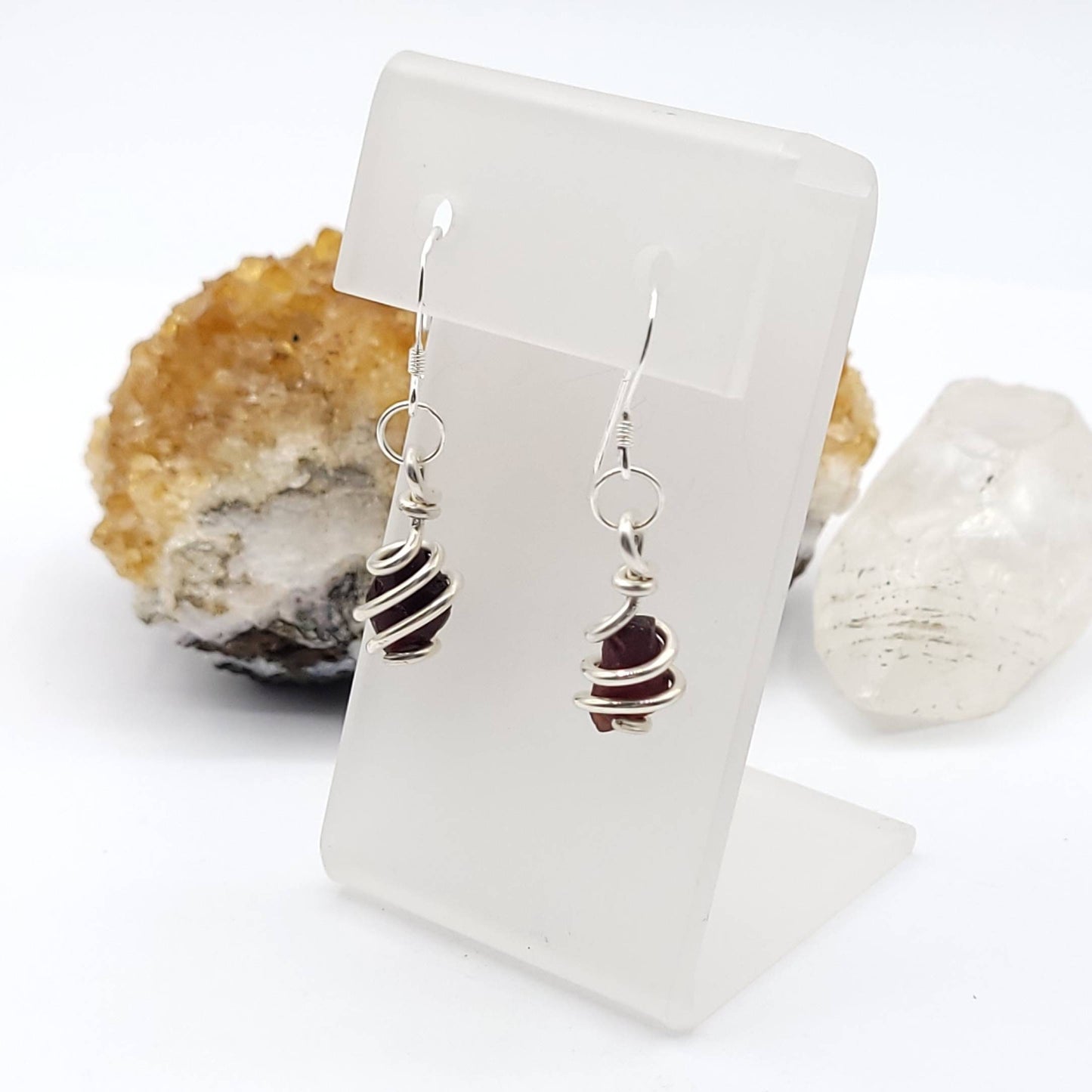 Garnet Earrings, Sterling Silver Dangle Earrings, Crystal Dangles, Raw Crystal Earrings, Garnet Dangle Earrings, January Birthstone Earrings