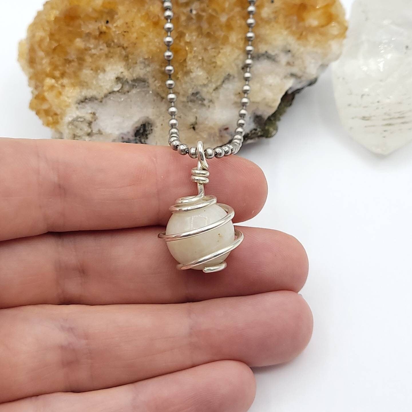 Rainbow Moonstone Sphere Necklace, Silver Wire Wrapped Moonstone Pendant