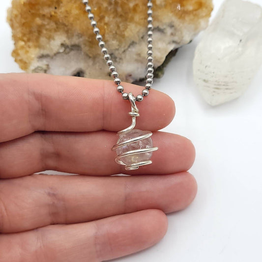 Clear Quartz Necklace, Silver Wire Wrapped Clear Quartz Sphere Pendant, Crystal Necklace