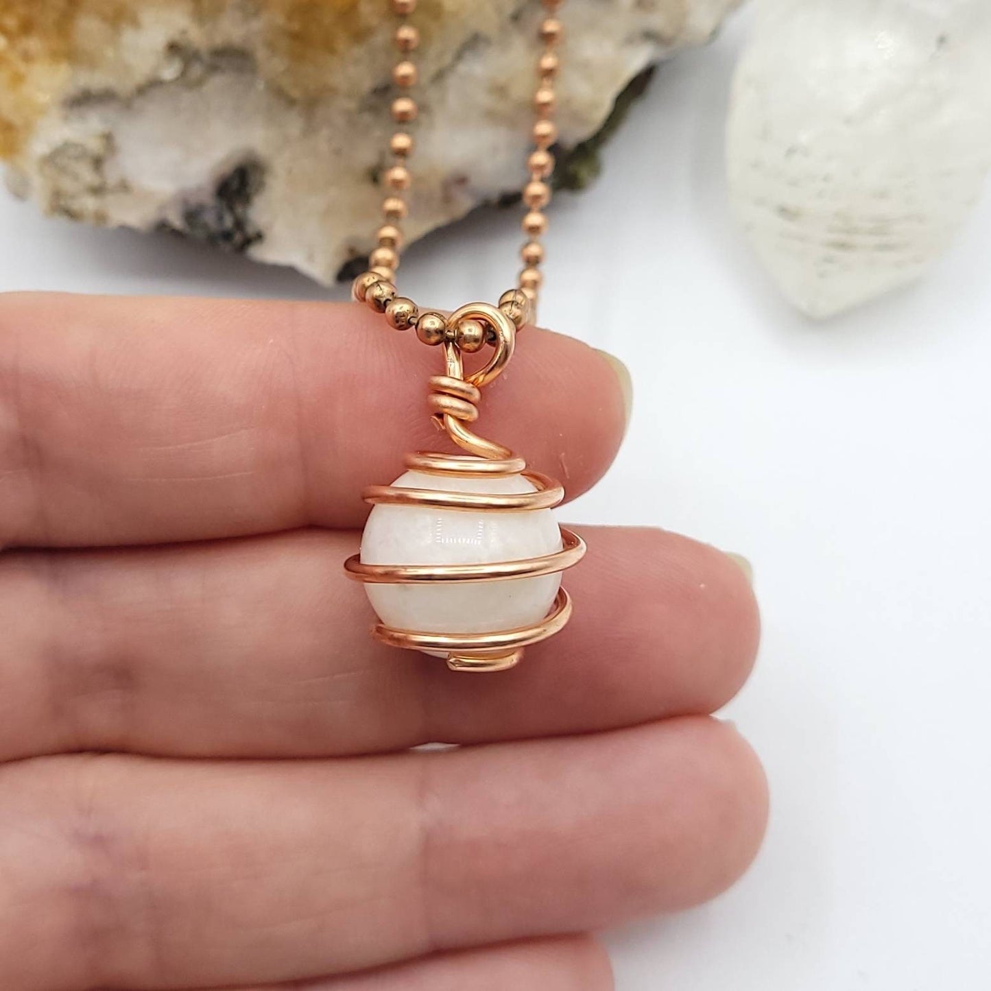 Rainbow Moonstone Sphere Necklace, Copper Wire Wrapped Moonstone Pendant
