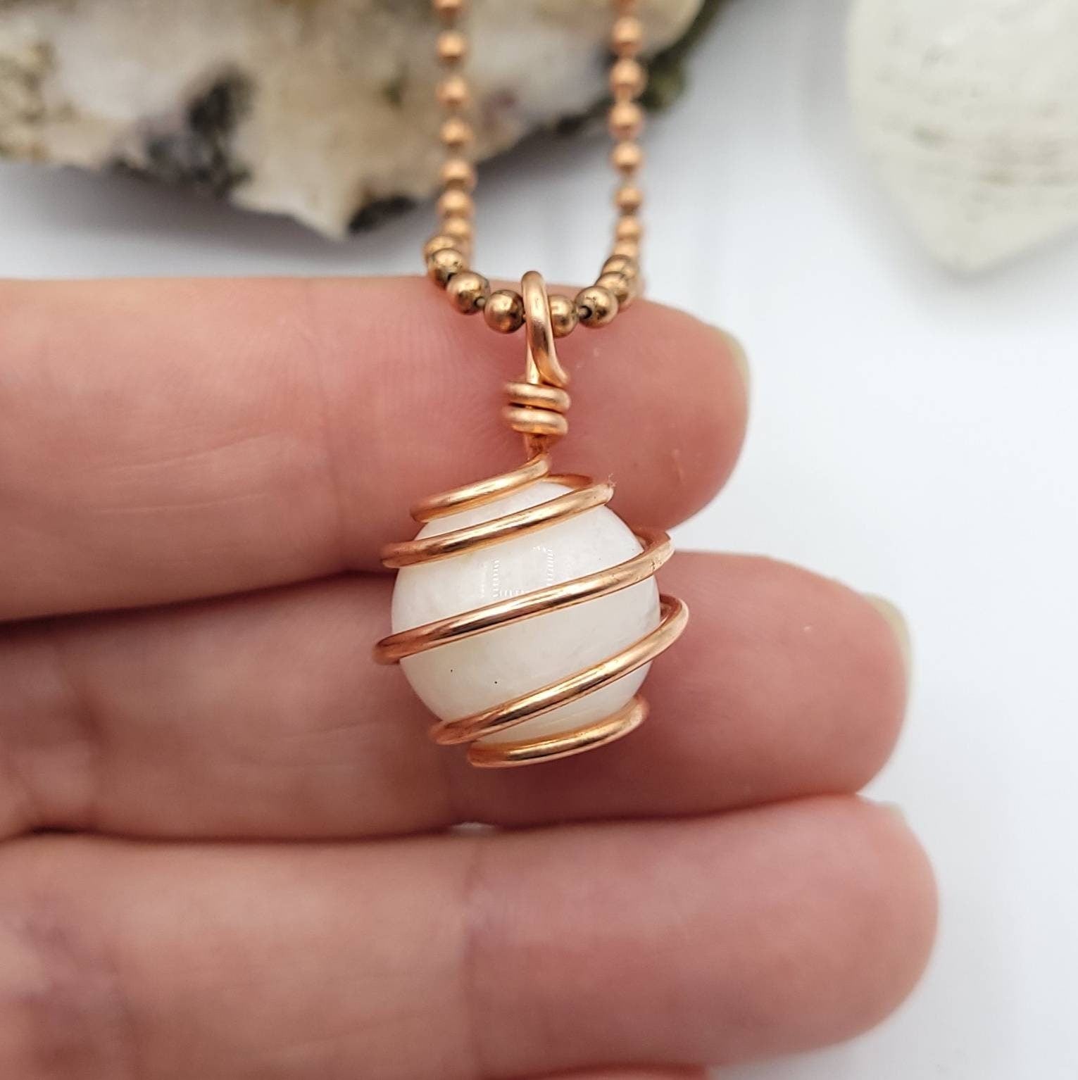 Rainbow Moonstone Sphere Necklace, Copper Wire Wrapped Moonstone Pendant