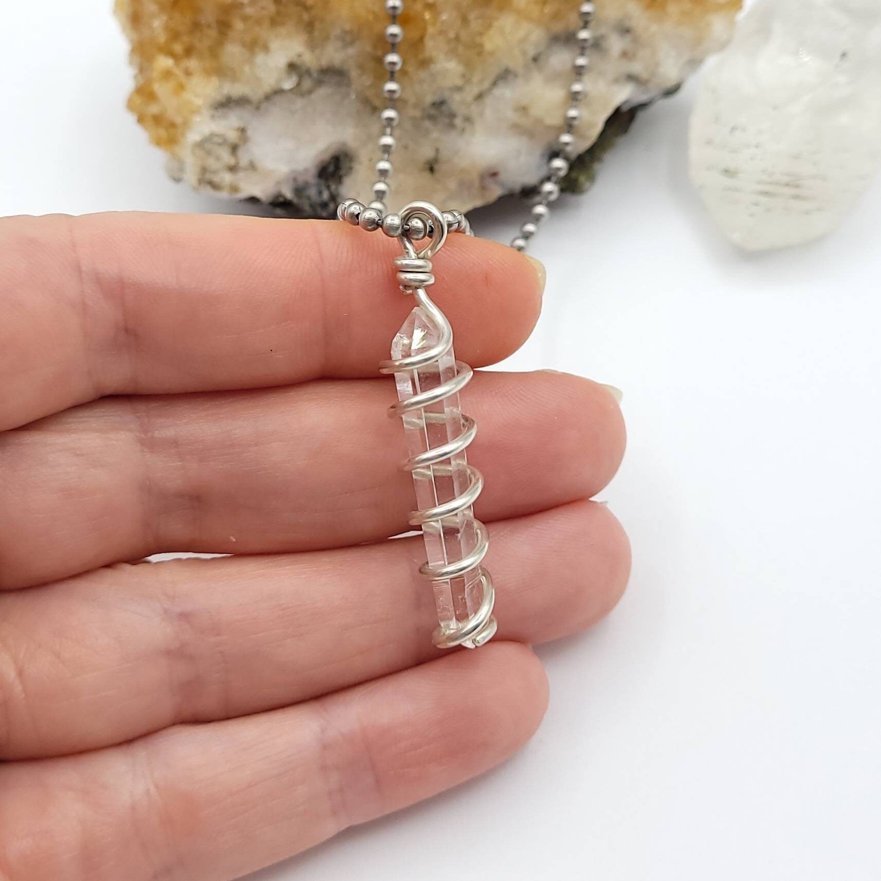 Lemurian Crystal Necklace, Wire Wrapped Lemurian Pendant