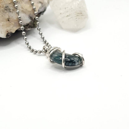 Green Moss Agate Moon Necklace, Silver Wire Wrapped Moss Agate Pendant | Promotes Abundance, Success and Prosperity, Crescent Moon Pendant