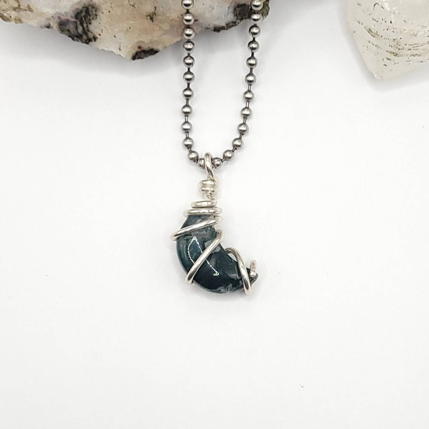 Green Moss Agate Moon Necklace, Silver Wire Wrapped Moss Agate Pendant | Promotes Abundance, Success and Prosperity, Crescent Moon Pendant