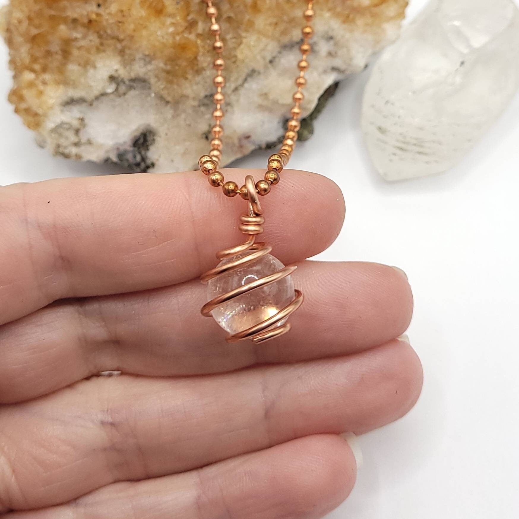 Clear Quartz Sphere Necklace, Wire Wrapped Clear Quartz Pendant, Crystal Jewelry, Crystal Pendant