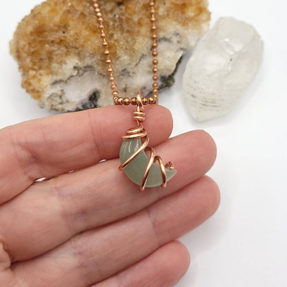 Green Aventurine Crescent Moon Necklace, Copper Wire Wrapped Green Aventurine Pendant, Crystal Moon Necklace