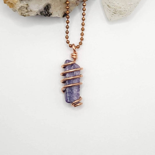 Charoite Necklace, Copper Wire Wrapped Charoite Pendant, Charoite Crystal | Aids in Spiritual Growth, Inspiration and Transformation