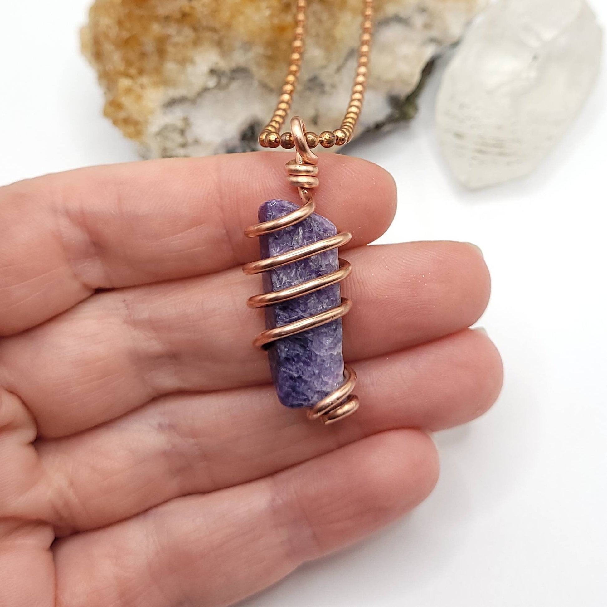 Charoite Necklace, Copper Wire Wrapped Charoite Pendant, Charoite Crystal | Aids in Spiritual Growth, Inspiration and Transformation