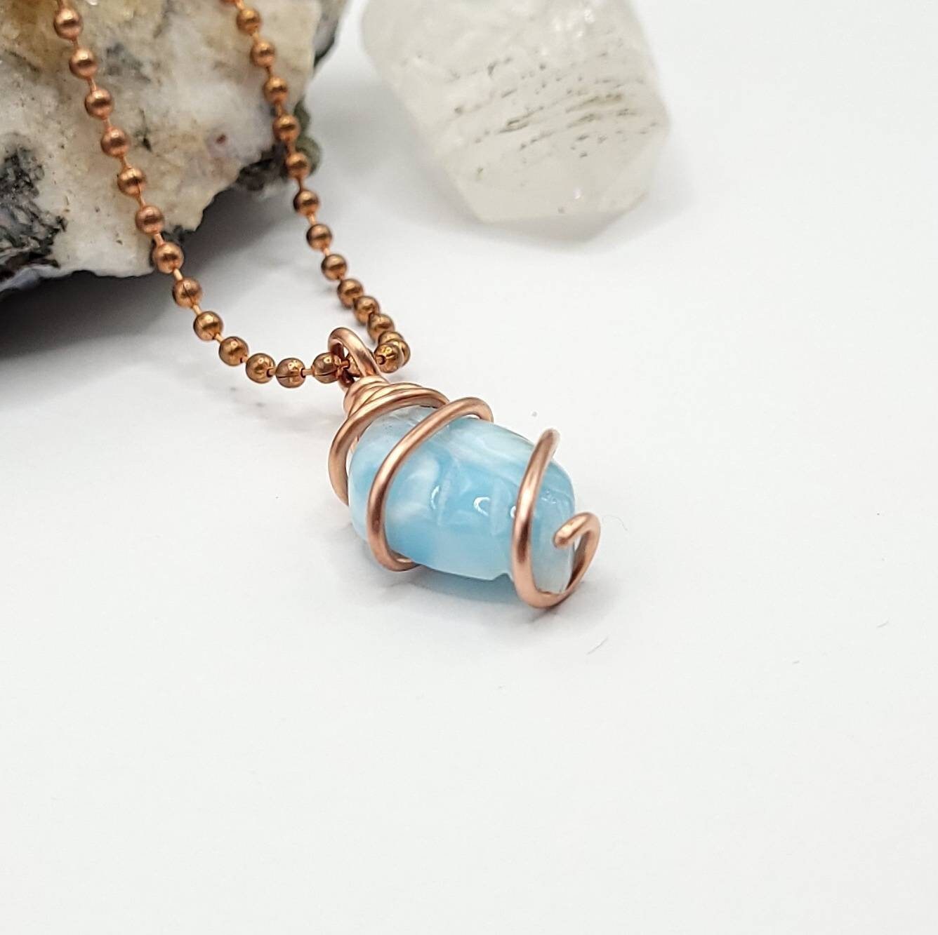 Larimar Leaf Necklace, Copper Wire Wrapped Larimar Pendant